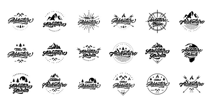 Big black and white Adventure lettering set logos. Vintage logos with mountains, bonfires and arrows. Adventure logo design. Vector logos for your design.