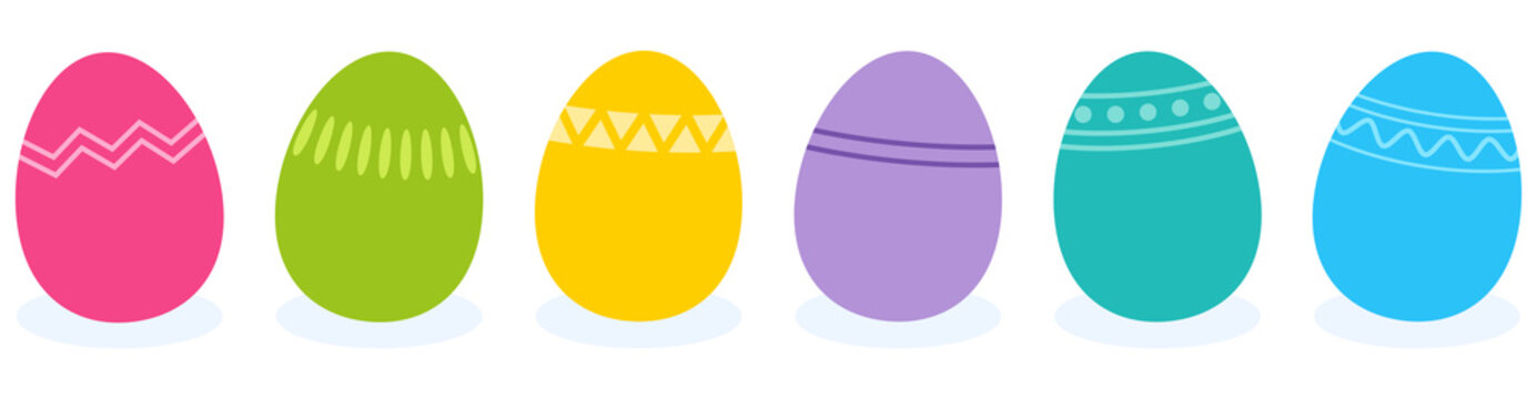 Simple vector illustration of six colorful flat design easter eggs with geometric pattern designs isolated on white background