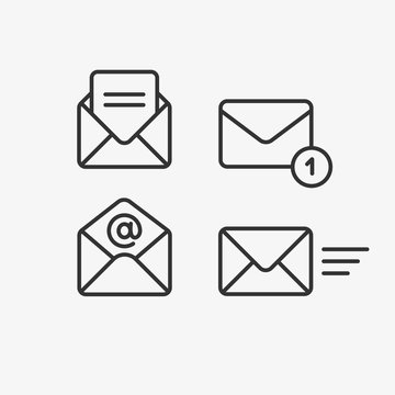 Mail vector icon set. Email, post, letter, envelope, newsletter collecton isolated on white. Line outline thin flat design, adapted e-mail icon set for web, web site, mobile app, UI