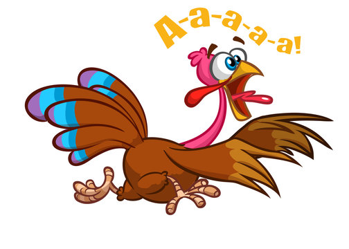 Screaming running cartoon turkey bird character. Vector illustration