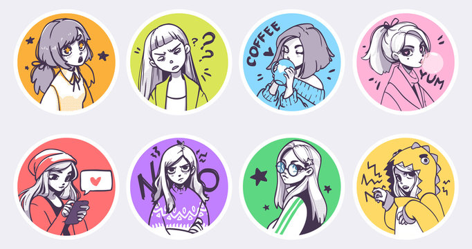 A set of cute anime girls illustrations in various clothes doing different activities with different expressions. Stickers or badges