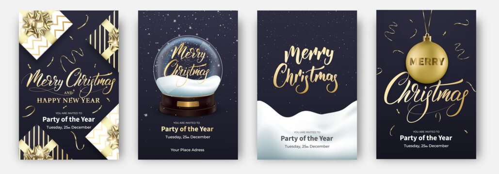 Christmas cards. Design layouts for Merry Xmas. Posters with snow globe, gifts, other Christmas decorations and lettering.