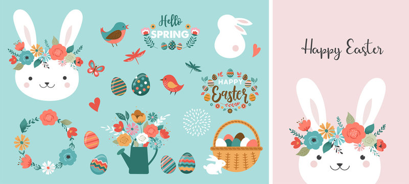 Happy Easter card - cute bunny, eggs, birds and flowers elements, vector illustration