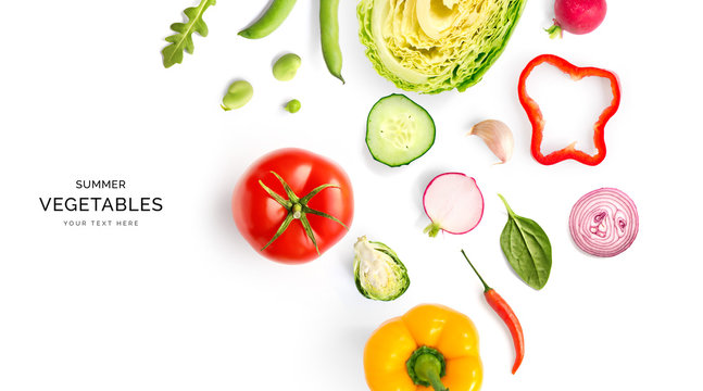 Creative layout made of summer vegetables. Food concept. Tomatoes, onion, cucumber, green peas, garlic, cabbage, chilly pepper, yellow pepper, salad leaves and radish on white background.