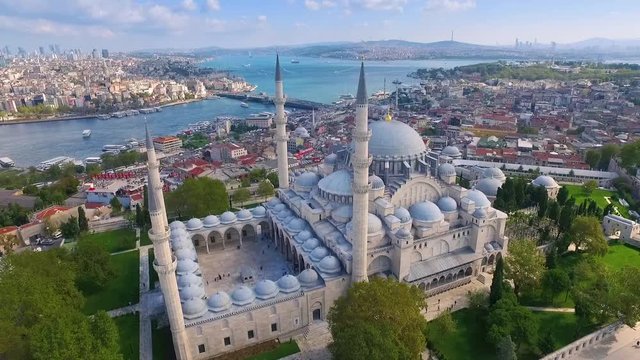 Mystique Suleymaniye Mosque from the sky, aerial view of Istanbul city, Golden Horn, Turkey.