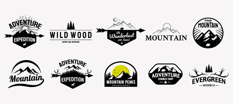 Set of vector mountain and outdoor adventures logo designs, vintage style