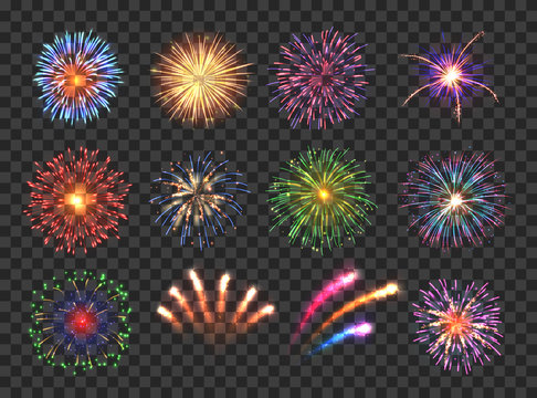 Big set of various fireworks with brightly shining sparks. Colorful pyrotechnics show. Realistic fireworks celebration isolated vector illustration. Beautiful light performance in night sky.