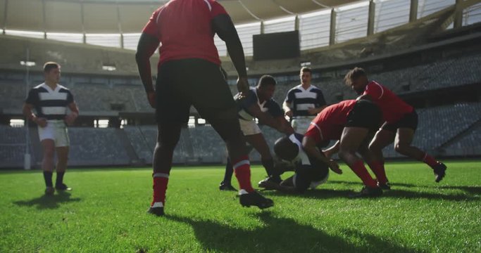 Rugby players playing rugby match in stadium 4k