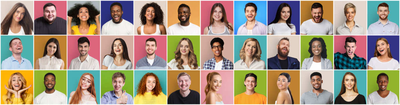 Collage of diversed people expressing positive emotions