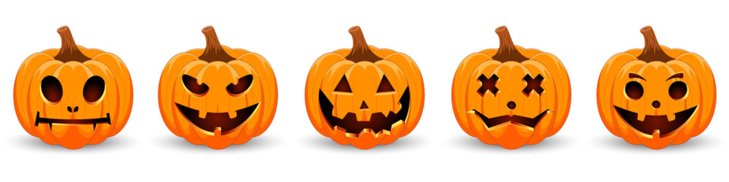 Set pumpkin on white background. The main symbol of the Happy Halloween holiday. Orange pumpkin with smile for your design for the holiday Halloween. Vector illustration.