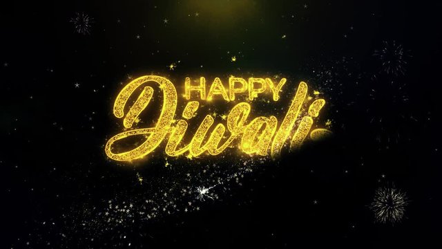 Happy Diwali Text Wish on Gold Glitter Particles Spark Exploding Fireworks Display. Greeting card, Wishes, Celebration, Party, Invitation, Gift, Event, Message, Holiday, Festival 4K Loop Animation.