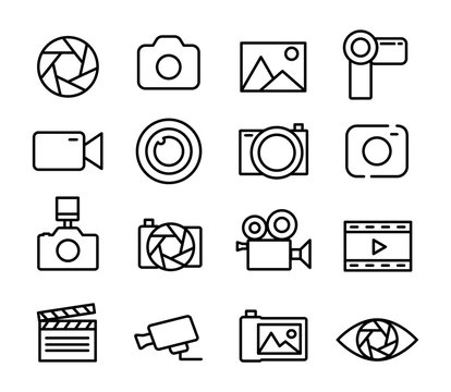 Photo and video set icons thin line. Photography icon. Photo camera icon. Diaphragm icon. Vector illustration.