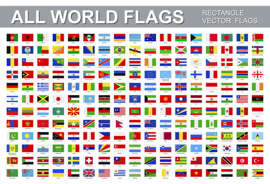 All world flags - vector set of rectangular icons. Flags of all countries and continents