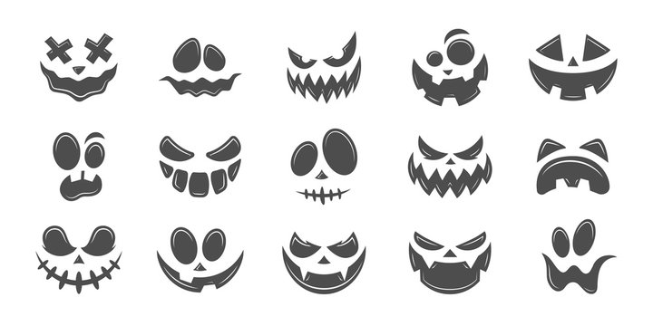 Scary and funny faces of Halloween pumpkin or ghost . Vector collection.