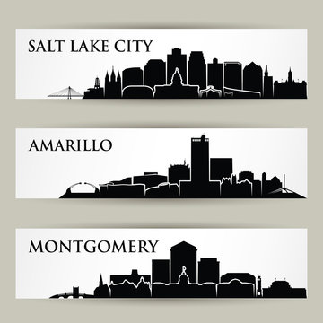 United STates of Amerca cities skylines - Salt Lake City, Utah, Amarillo, Texas, Montgomery, Alabama - isolated vector illustration