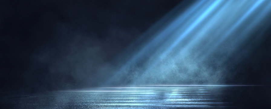 Wet asphalt, reflection of neon lights, a searchlight, smoke. Abstract light in a dark empty street with smoke, smog. Dark background scene of empty street, night view, night city.