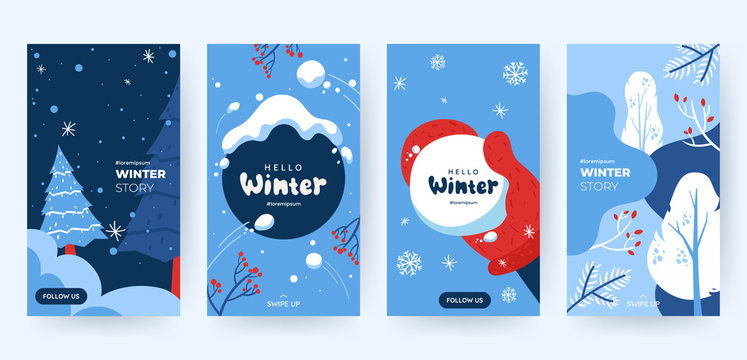 Set of abstract winter backgrounds for social media stories. Colorful winter banners with falling snowflakes, snowy trees. Wintry scenes . Use for event invitation, discount voucher, ad. Vector eps 10