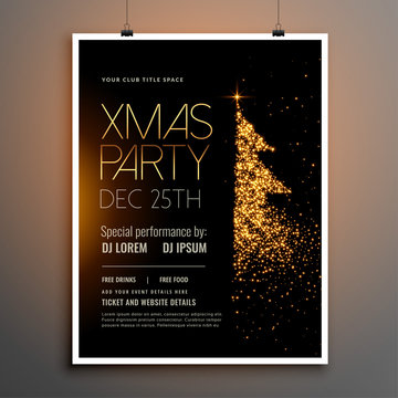 merry christmas party flyer with golden sparkle tree