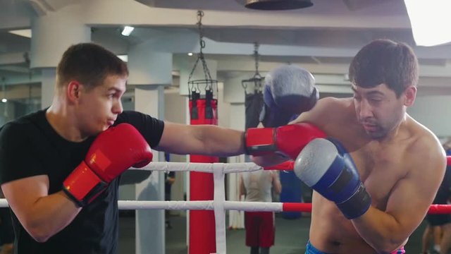 Box training in the gym - two men having an aggressive fight on the boxing ring - one of the men wearing a black t-shirt