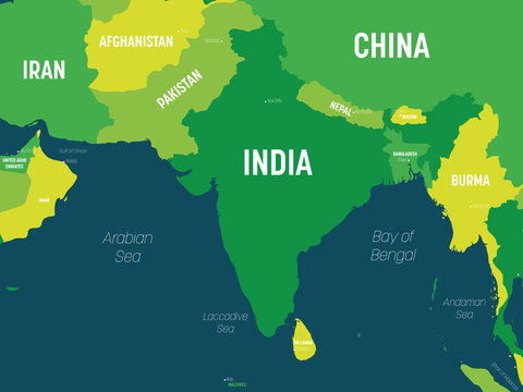 South Asia map - green hue colored on dark background. High detailed political map of southern asian region and Indian subcontinent with country, capital, ocean and sea names labeling