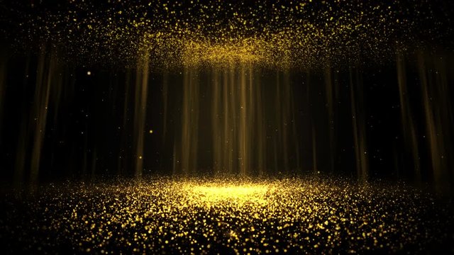 gold particles abstract background with shining golden floor particle stars dust. Futuristic glittering fly movement flickering loop in space on black background.	