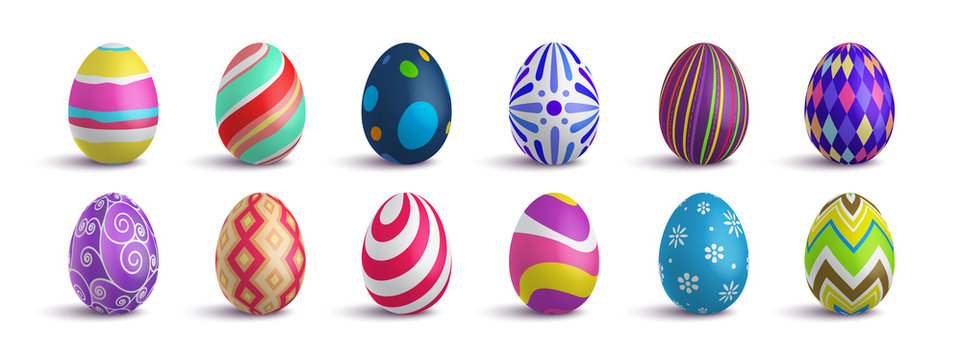 Set of cute colorful 3d realistic Easter eggs on isolated background, decorative vector elements collection