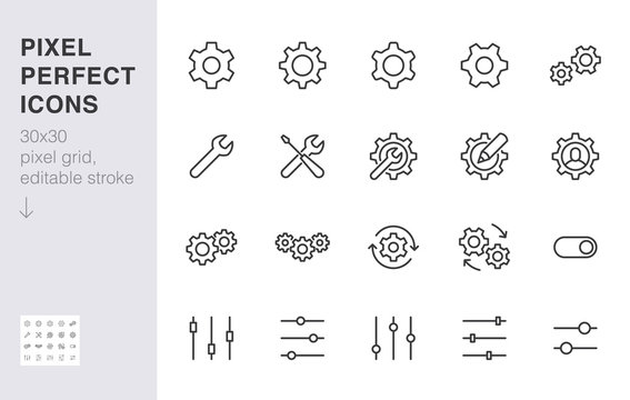 Gear, cogwheel line icons set. App settings button, slider, wrench tool, fix concept minimal vector illustrations. Simple flat outline signs for web interface. 30x30 Pixel Perfect. Editable Strokes