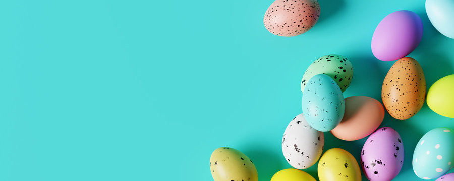 Colorful Easter eggs on pastel blue background. Creative design. 3d rendering