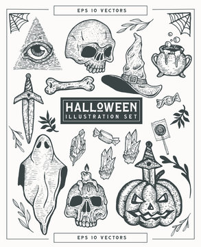 Hand-drawn halloween themed vector illustration set