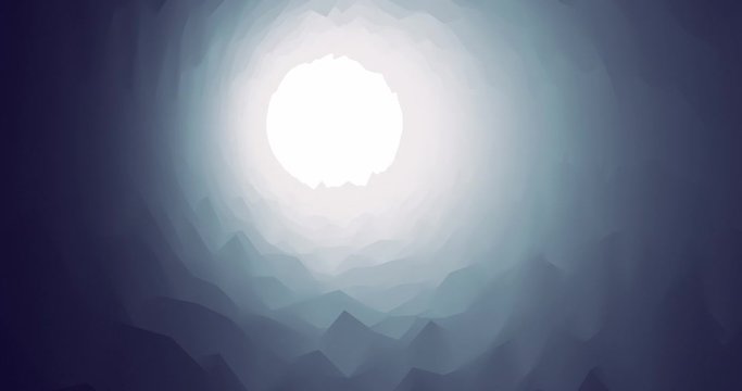 Tunnel cave in cold colors with spikes and light at end. Seamless loop 3D animation footage moving in a cave with fog and light. Light at the end of a tunnel hope and fear.