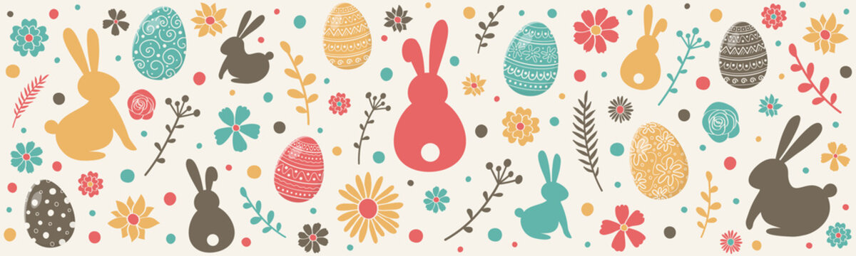 Colourful easter banner with bunnies, eggs and flowers. Vector