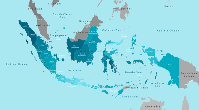 Vector modern illustration. Simplified geographical  map of Indonesia and neighboring countries (Malaysia, Brunei and etc). Blue background of Indians ocean and seas. Names of Indonesian provinces