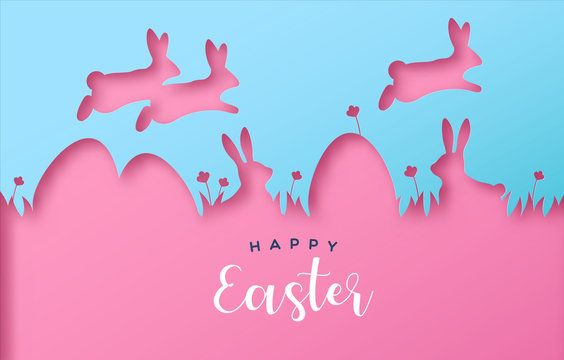 Happy easter colorful paper cut rabbit egg card