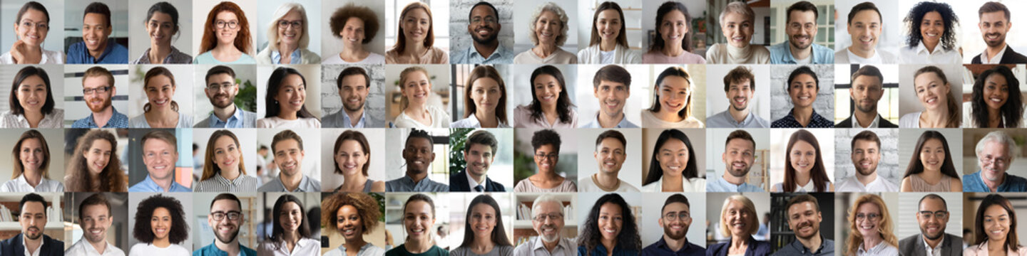 Multi ethnic people of different age looking at camera collage mosaic horizontal banner. Many lot of multiracial business people group smiling faces headshot portraits. Wide panoramic header design.