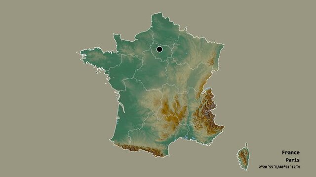 Pays de la Loire, region of France, with its capital, localized, outlined and zoomed with informative overlays on a relief map in the Stereographic projection. Animation 3D