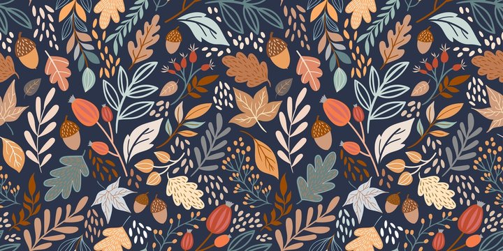 Autumn seamless pattern with different leaves and plants, seasonal colors