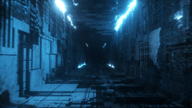 Endless flight in a futuristic metal corridor with neon lighting