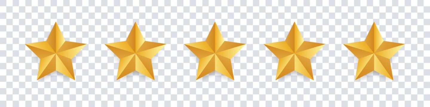 Star icon. Vector golden isolated five stars. Customer feedback concept. Vector 5 stars rating review. Quality shape design.