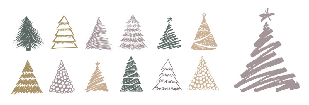 Christmas tree hand drawn illustrations. Vector.	