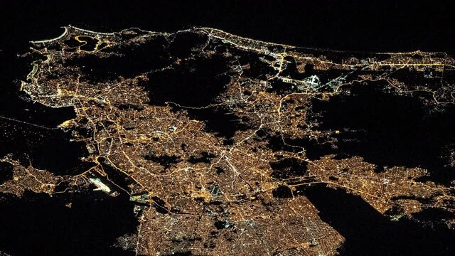 Spectacular flying over city at night satellite aerial view on San Paolo Brazil moving lights animation. Images furnished by Nasa