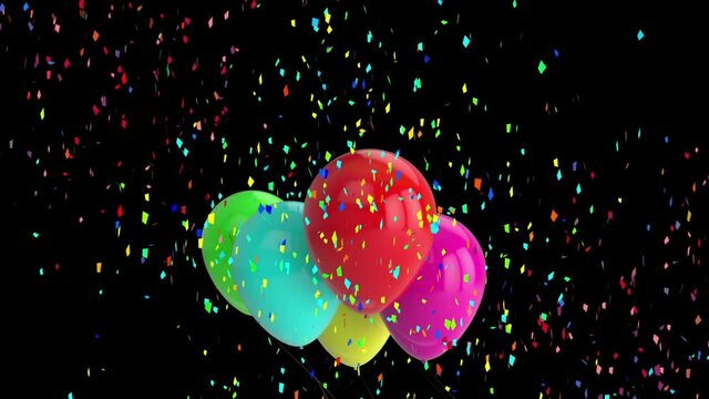 Animation of multi coloured confetti falling over balloons on black