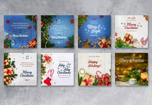 Christmas Greetings Social Media Layouts with Blue, Red, and Beige Accents