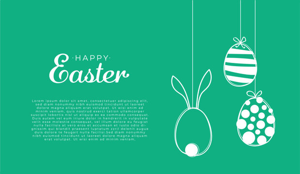 Happy Easter. Easter card with hanging garland with easter eggs and rabbit. Vector illustration.