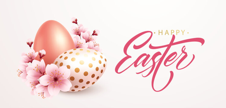 Happy easter greeting background with realistic easter eggs and spring flowers. Vector illustration