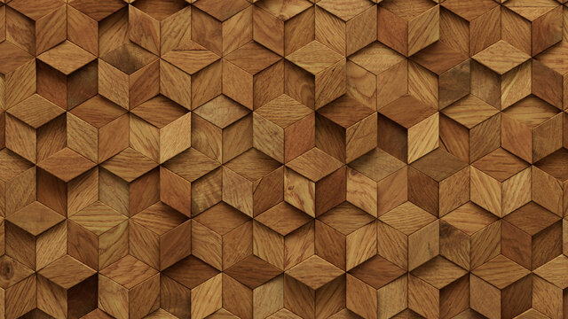 Wood Block Wall background. Mosaic Wallpaper with Light and Dark Timber Diamond tile pattern. 3D Render 