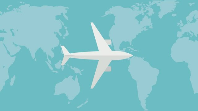 Airplane fly against the background of globe. Animated illustration. Moving world background. Loop footage