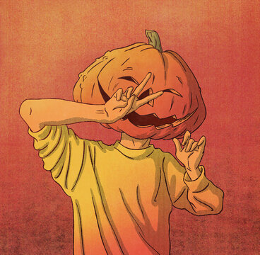 Man with Jack-o'-lantern Halloween Pumpkin Head Illustration