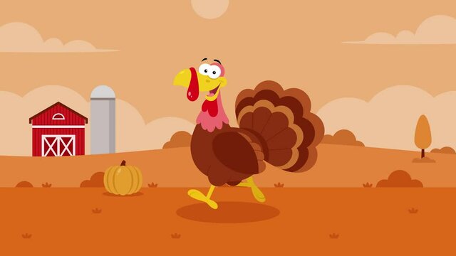 Cute Turkey Cartoon Character Running. 4K Animation Video Motion Graphics With Fall Landscape Background