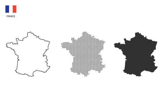 3 versions of France map city vector by thin black outline simplicity style, Black dot style and Dark shadow style. All in the white background.