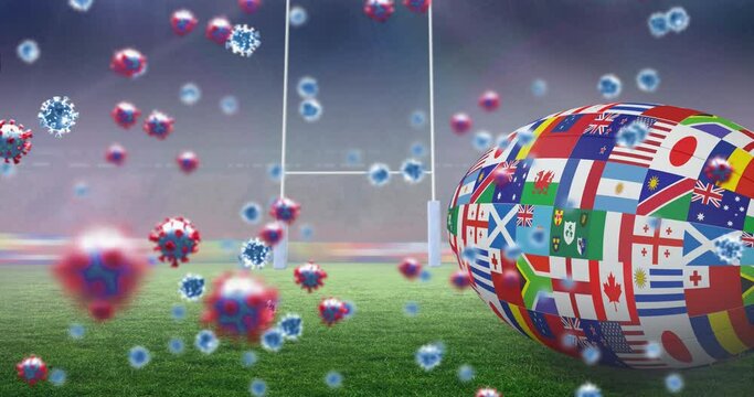 Animation of covid 19 cells over rugby ball formed with flags in rugby pitch